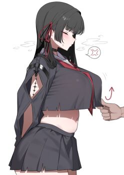 1boy 1girl alternate_breast_size_(larger) anger_vein arm_cutout arms_behind_back assisted_exposure bilingual_commentary black_choker black_hair black_serafuku black_shirt black_skirt blush breasts chisa_(wuthering_waves) choker closed_eyes closed_mouth clothes_pull clothing_cutout commentary commentary_request covered_erect_nipples crop_top crop_top_overhang english_commentary from_side hair_ribbon highres huge_breasts lifting_another&#039;s_clothes long_hair looking_at_viewer midriff mixed-language_commentary mole mole_under_eye navel neckerchief paid_reward_available red_eyes red_neckerchief red_ribbon ribbon sailor_collar school_uniform serafuku shirt shirt_hold simple_background skirt solo spoken_anger_vein stomach sweatdrop tacet_mark_(wuthering_waves) white_background white_sailor_collar wuthering_waves yzr_(yzr99)