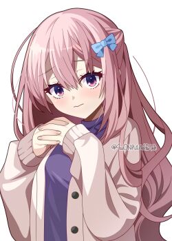 Rule 34 | 1girl, 3:, 4rion, absurdres, blue bow, blush, bow, brown cardigan, cardigan, closed mouth, commentary, eyelashes, furrowed brow, hair between eyes, hair bow, hands up, harumi ena, highres, interlocked fingers, limelight lemonade jam, long hair, looking at viewer, open cardigan, open clothes, own hands together, pink hair, purple eyes, purple shirt, shirt, simple background, sleeves past wrists, solo, turtleneck, turtleneck shirt, twitter username, upper body, very long hair, white background