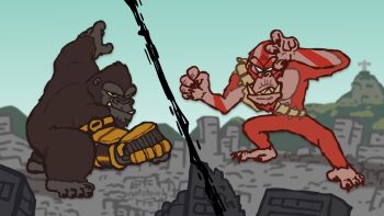 ape b.e.a.s.t._glove bald blood blue_eyes bone bone_weapon bone_whip brazil christ_the_redeemer city corcovado crossover day destruction dragon_ball dragonball_z electroshock_weapon facepaint fangs fighting_stance gauntlets giant giant_monster glowing glowing_eyes godzilla_(series) godzilla_x_kong:_the_new_empire gorilla highres jesus_christ kaiju king_kong king_kong_(series) legendary_pictures meme monster monsterverse mountain multiple_crossover no_humans orangutan real_world_location rio_de_janeiro skar_king statue steve_ly teeth war_paint weapon whip whipslash