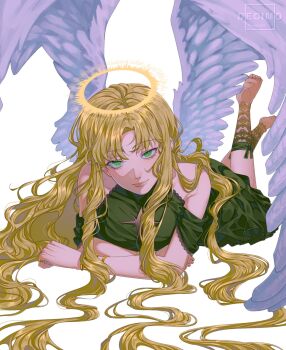 1girl barefoot black_dress black_socks blonde_hair blunt_bangs clothing_cutout crossed_arms curtained_hair dress elbow_rest feathered_wings full_body green_eyes hair_over_shoulder halo halter_dress halterneck head_tilt highres kicking lace_socks long_hair looking_at_viewer lying nadardoh omniscient_reader&#039;s_viewpoint on_stomach shoulder_cutout smile socks solo uriel_(omniscient_reader&#039;s_viewpoint) variant_set very_long_hair wavy_hair white_wings wings