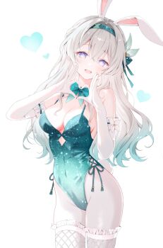 Rule 34 | 1girl, alternate costume, animal ear hairband, animal ears, bow, bowtie, breasts, colored tips, commentary request, fake animal ears, firefly (honkai: star rail), gloves, green bow, green bowtie, green hair, green hairband, green leotard, grey hair, hairband, heart, heart hands, highres, honkai: star rail, honkai (series), large breasts, leotard, looking at viewer, multicolored hair, nasii, open mouth, pantyhose, purple eyes, rabbit ear hairband, rabbit ears, simple background, solo, white background, white gloves, white pantyhose