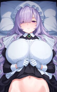 1girl absurdres apron apron_lift black_dress blush borrowed_character breasts brooch closed_mouth clothes_lift collared_dress dress dress_lift flipped_sidelocks francoise_(eurasia) frilled_headwear furrowed_brow gloves hair_over_one_eye hat highres jewelry large_breasts lifting_own_clothes long_hair long_sleeves looking_at_viewer lying maid_apron mob_cap nameko_houshi navel on_bed on_side original out-of-frame_censoring parted_bangs pillow purple_eyes purple_hair solo stomach wavy_hair white_apron white_gloves white_hat