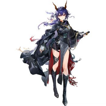 Rule 34 | 1girl, arknights, asymmetrical legwear, belt, belt pouch, black belt, black boots, black cape, black coat, black shorts, black sleeves, blue belt, blue hair, blue tail, boots, breasts, cape, ch'en (arknights), ch'en the dawnstreak (arknights), chest harness, chi xiao (arknights), closed mouth, coat, dragon girl, dragon horns, dragon tail, eastern dragon horns, eastern dragon tail, elbow gloves, fingerless gloves, full body, gloves, harness, high heel boots, high heels, highres, holding, holding sword, holding weapon, horns, id card, leg belt, looking at viewer, medium breasts, multicolored coat, official art, pelvic curtain, ponytail, pouch, red coat, red eyes, sheath, sheathed, shorts, simple background, solo, standing, sword, tachi-e, tail, third-party source, transparent background, two-tone coat, underbust, v-shaped eyebrows, weapon, white gloves, yyb