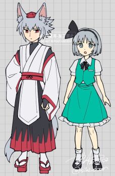 Rule 34 | 1boy, 1girl, :o, animal ear fluff, animal ears, black bow, black bridal gauntlets, black hairband, black pants, black ribbon, black shirt, black shoes, blue eyes, bow, bridal gauntlets, commentary request, detached sleeves, dot nose, double-parted bangs, frilled skirt, frills, genderswap, genderswap (ftm), geta, green skirt, green vest, grey background, grey hair, grid background, hair between eyes, hair bow, hairband, hat, inubashiri momiji, japanese clothes, kimono, konpaku youmu, long sleeves, neck ribbon, obi, open mouth, pants, parted bangs, pelvic curtain, puffy short sleeves, puffy sleeves, red eyes, red hat, red sash, red shoes, red trim, ribbon, sash, shikido (khf), shirt, shirt under kimono, shoes, short hair, short sleeves, side slit, signature, skirt, socks, spiked hair, tail, tengu-geta, tokin hat, touhou, twitter username, v-shaped eyebrows, vest, watermark, white kimono, white shirt, white socks, wide sleeves, wolf boy, wolf ears, wolf tail