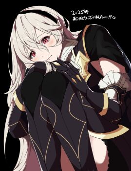 Rule 34 | 1girl, armor, black background, black hairband, blush, closed mouth, commentary request, detached sleeves, female corrin (fire emblem), female corrin (nohr noble) (fire emblem), fire emblem, fire emblem fates, fire emblem heroes, gauntlets, grey hair, hair between eyes, hairband, highres, interlocked fingers, long hair, looking at viewer, nintendo, official alternate costume, pointy ears, red eyes, saki ttx, simple background, smile, solo, very long hair