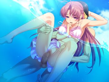 1boy 1girl antenna_hair aoi_matsuri arm_behind_head barefoot bikini bikini_skirt blue_sky blush bow bubble censored clothing_aside cloud cloudy_sky covered_face double-parted_bangs feet_out_of_frame frills hair_bow highres long_hair mosaic_censoring ocean partially_submerged partially_underwater_shot penis pink_bikini pink_hair purple_eyes purple_hair pussy reverse_suspended_congress sea_spray sex sex_from_behind sky spread_legs strap_slip sunlight swimsuit testicles tropical_kiss water waves