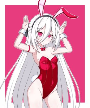 1girl albino animal_ear_hairband animal_ears aqua_background blue_archive bow bowtie breasts chagama_(tyagama0927) commentary_request contrapposto cowboy_shot detached_collar fake_animal_ears hairband half_updo kei_(blue_archive) kei_(new_body)_(blue_archive) leotard long_hair looking_at_viewer playboy_bunny rabbit_ears rabbit_pose rabbit_tail red_bow red_bowtie red_eyes red_leotard ringed_eyes small_breasts solo standing strapless strapless_leotard tail two-tone_background variant_set very_long_hair white_hair wrist_cuffs