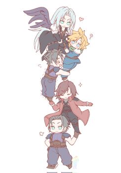 >_< 5boys angeal_hewley armor black_coat black_gloves black_hair black_pants black_wings blonde_hair blue_pants blue_shirt blush boots brown_boots brown_gloves brown_hair chest_strap chibi chibi_only closed_eyes cloud_strife coat crisis_core:_final_fantasy_vii facial_hair final_fantasy final_fantasy_vii genesis_rhapsodos gloves green_eyes green_scarf grey_hair hair_between_eyes hand_on_own_hip highres holding_hands kazuha61 light_smile long_hair male_focus multiple_boys pants parted_bangs pauldrons red_coat red_gloves scarf sephiroth sharp_teeth shinra_infantry_uniform shirt short_hair shoulder_armor single_wing suspenders swept_bangs teeth trembling wavy_mouth white_background wings zack_fair