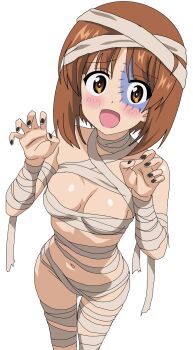 1girl breasts brown_eyes brown_hair claw_pose feet_out_of_frame girls_und_panzer halloween_costume happy highres looking_at_viewer medium_breasts mummy_costume nail_polish navel nishizumi_miho riokasen short_hair simple_background solo standing white_background