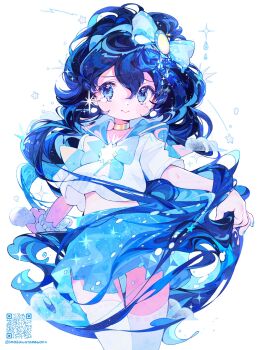 1girl amakawa_tamawo blue_bow blue_bowtie blue_eyes blue_hair blue_sailor_collar blue_skirt blush_stickers bow bowtie commentary cowboy_shot double-parted_bangs hair_between_eyes hair_bow highres long_hair original qr_code sailor_collar school_uniform serafuku shirt short_sleeves simple_background skirt solo symbol-only_commentary tears thighhighs twitter_username white_background white_shirt white_thighhighs zettai_ryouiki