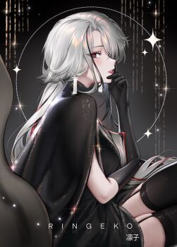 1girl absurdres alternate_costume arlecchino_(genshin_impact) artist_name black_dress black_garter_straps black_gloves black_jacket black_thighhighs breasts commentary dress elbow_gloves from_side garter_straps genshin_impact gloves hand_up highres jacket jacket_on_shoulders large_breasts long_hair looking_at_viewer looking_to_the_side parted_lips red_pupils ringeko-chan sideways_glance sitting solo symbol-shaped_pupils thighhighs thighs white_hair x-shaped_pupils