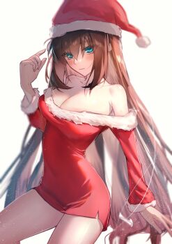 1girl aozaki_aoko bare_shoulders blue_eyes blush breasts brown_hair cleavage commentary_request dress hat highres large_breasts long_hair looking_at_viewer mahou_tsukai_no_yoru santa_costume santa_dress santa_hat solo toomishou