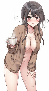 1girl :d black_hair blush bottomless breasts brown_eyes brown_jacket coffee commentary_request cup groin hand_on_own_thigh highres holding holding_cup jacket long_hair looking_at_viewer medium_breasts mukouhara_shiryuu naked_jacket navel open_clothes open_jacket open_mouth original simple_background smile solo standing steam sweat white_background