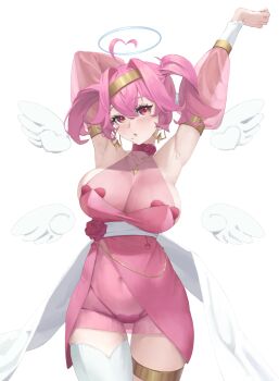 Rule 34 | 1girl, absurdres, ahoge, angel, armband, armpits, ashliel ailove, asymmetrical legwear, bodysuit, bow, bow earrings, breasts, choker, cupid, detached sleeves, detached wings, earrings, facial mark, gold armband, gold headband, gradient eyes, halo, headband, heart, heart-shaped mole, heart-shaped pupils, heart-shaped thong, heart ahoge, heart facial mark, heart pasties, highres, jewelry, large breasts, legband, mole, mole under mouth, multicolored eyes, panties visible through clothes, pasties, pendant, pink bodysuit, pink hair, revilol, sash, see-through clothes, short twintails, sleeveless, solo, symbol-shaped pupils, thighhighs, twintails, vir2alverse, virtual youtuber, white sash, white thighhighs, wide hips, wings