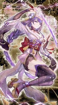 1girl absurdres black_thighhighs braid braided_ponytail breasts bridal_gauntlets closed_mouth commentary_request electricity floral_background from_below genshin_impact highres holding holding_weapon japanese_clothes kimono large_breasts long_hair looking_at_viewer looking_down looking_to_the_side mitsudomoe_(shape) miyashirokiyu mole mole_under_eye musou_isshin_(genshin_impact) obi obiage obijime platform_clogs platform_sandals purple_eyes purple_hair purple_kimono raiden_shogun red_sash sandals sash shrug_(clothing) single_braid solo thighhighs tomoe_(symbol) very_long_hair weapon