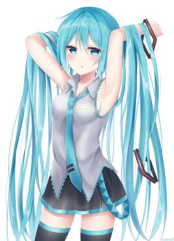 1girl alternate_hairstyle aqua_eyes aqua_hair aqua_necktie aqua_trim armpit_focus armpits arms_behind_head arms_up black_skirt black_sleeves blush breasts collared_shirt commentary_request grey_shirt hair_between_eyes hair_ornament hatsune_miku highres long_hair long_sleeves medium_breasts miniskirt necktie noneon319 pleated_skirt presenting_armpit shirt sideboob simple_background skirt sleeveless sleeveless_shirt solo straight_hair thighhighs twintails very_long_hair vocaloid white_background zettai_ryouiki