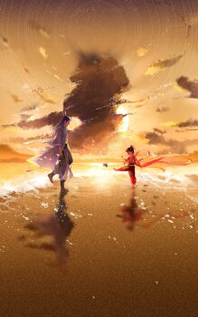 2boys aged_down ao_bing barefoot black_hair black_pants blue_coat blue_hair blue_robe boots child cloud coat day floating_clothes floating_hair footprints from_side hagoromo hair_bun hand_up highres kicking liushuijiang long_hair male_focus multiple_boys nezha nezha_zhi_motong_jiangshi ocean outdoors pants playing profile red_pants red_ribbon red_vest reflective_floor ribbon robe sash shawl shore single_hair_bun sky star_trail sun twilight updo vest walking waves wind yellow_sky