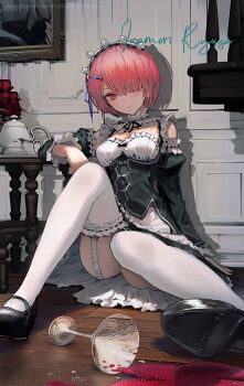 1girl alcohol bare_shoulders broken_glass cup detached_collar drinking_glass fallen_down garter_straps glass hair_over_eyes highres inamori_ryusa leaning_back leaning_on_object looking_at_viewer maid maid_headdress no_panties on_ground pink_eyes pink_hair ram_(re:zero) re:zero_kara_hajimeru_isekai_seikatsu short_hair signature spill tea_set thighhighs upskirt wine wine_glass