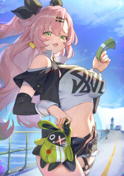 1girl amillion_(zenless_zone_zero) bangboo_(zenless_zone_zero) belt black_belt black_jacket black_ribbon black_shorts blue_sky breasts clothing_cutout cloud commentary cowboy_shot crop_top cropped_jacket day detached_sleeves earrings english_commentary furrowed_brow green_eyes hair_between_eyes hair_ornament hair_ribbon hairclip heart heart_earrings highres holding jacket jewelry large_breasts light_rays lighthouse long_hair looking_at_viewer micro_shorts mole mole_under_eye money navel nicole_demara o-ring o-ring_thigh_strap ocean open_mouth outdoors paid_reward_available pink_hair raijuu_(bakanara) railing ribbon road short_shorts short_sleeves shorts shoulder_cutout sky smile solo sparkle standing strapless sunbeam sunlight thick_thighs thigh_strap thighs tube_top twitter_username two_side_up very_long_hair water white_tube_top zenless_zone_zero