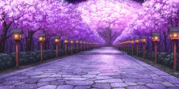 artist_request bush cherry_blossoms game_cg hakugyokurou highres lantern no_humans path petals road saigyou_ayakashi scenery third-party_source touhou touhou_lostword tree wooden_lantern