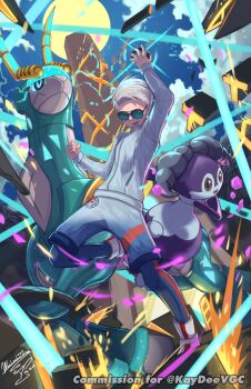 aqua-tinted_eyewear aqua_eyes arm_up black-framed_eyewear blue_sky blueberry_academy_school_uniform brown_eyes closed_mouth cloud commission commissioner_name gen_8_pokemon highres holding holding_tera_orb indeedee indeedee_(female) iron_crown long_sleeves mochachiiino nintendo non-humanoid_robot open_mouth pixiv_commission pokemon pokemon_(creature) pokemon_sv robot round_eyewear school_uniform shirt short_hair signature sky smile sun sunglasses tera_orb tinted_eyewear white_hair white_shirt