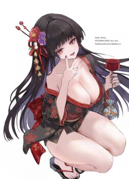 Rule 34 | 1girl, aimu (angry9565), alternate costume, bag, bagged fish, black hair, black kimono, breasts, candy apple, chisa (wuthering waves), cleavage, collarbone, commentary, earrings, fingernails, fish, flower, food, hair flower, hair ornament, hair ribbon, highres, holding, holding candy apple, holding food, japanese clothes, jewelry, kimono, large breasts, long hair, looking at viewer, nail polish, obi, off shoulder, open mouth, red eyes, red flower, red nails, red ribbon, revision, ribbon, sandals, sash, smile, solo, squatting, thighs, toes, v, wuthering waves