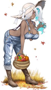 1girl apple bare_shoulders basket blue_hair blue_overalls blush boots bow breasts cleavage collarbone colored_inner_hair dark-skinned_female dark_skin food fruit full_body grapes grey_hair hair_over_one_eye hat hat_bow hat_ribbon hataraki_kuma highres holding holding_basket large_breasts leaf long_hair looking_at_viewer maple_leaf multicolored_hair naked_overalls original overalls persimmon pumpkin red_eyes ribbon side_ponytail sideboob simple_background smile solo standing straw_hat white_background white_bow white_ribbon