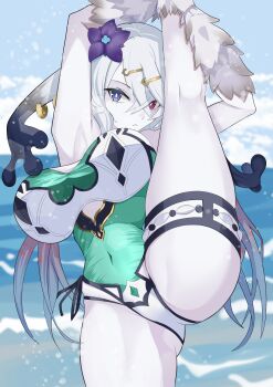 armpits arms_up artist_request atelier_(series) atelier_ryza beach breasts flower hair_flower hair_ornament heterochromia large_breasts leg_up lila_decyrus one-piece_swimsuit outdoors split standing standing_on_one_leg standing_split stretching swimsuit thick_thighs thighs
