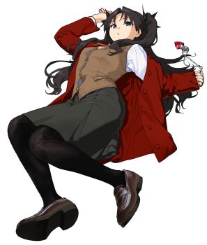 1girl absurdres asdf_4532 black_hair black_pantyhose black_skirt brown_vest fate/stay_night fate_(series) full_body gem grey_eyes hashtag-only_commentary highres homurabara_academy_school_uniform jacket loafers lying on_back open_clothes open_jacket pantyhose red_gemstone red_jacket school_uniform shirt shoe_soles shoes simple_background skirt soles solo tohsaka_rin twintails vest white_background white_shirt