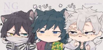 Rule 34 | black hair, black jacket, blue eyes, buttons, chibi, chibi only, commentary request, demon slayer uniform, gold buttons, haori, heterochromia, high collar, iguro obanai, jacket, japanese clothes, kikkoumon, kimetsu no yaiba, long hair, low ponytail, male focus, momomo 3ku, ponytail, print haori, purple eyes, red haori, scar, shinazugawa sanemi, simple background, snake, spiked hair, tomioka giyuu, twitter username, upper body, white background