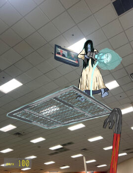 1girl barefoot black_hair ceiling ceiling_light chain-link_fence crowbar dress feet fence fluorescent_lamp frankinbot full_body garry's_mod gravity_gun hair_over_one_eye heads-up_display health_bar highres holding_hands indoors long_hair long_sleeves meme physgun pov sadako_ceiling_tv_redraws_(meme) soles solo_focus standing television the_ring tile_ceiling tiles toes user_interface very_long_hair white_dress yamamura_sadako