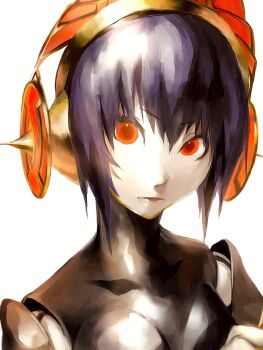 Rule 34 | 1girl, android, black hair, commentary, faux traditional media, gold helmet, helmet, highres, joints, looking at viewer, maro maronomaro, metis (persona), parted lips, persona, persona 3, persona 3 the answer, portrait, red eyes, robot joints, short hair, simple background, solo, watercolor effect, white background