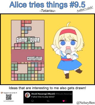 1girl ahoge alice_margatroid blonde_hair blue_dress blue_eyes bnelsey capelet chibi chibi_only commentary dress english_commentary english_text game_over hairband holding holding_microphone ko-fi_logo long_sleeves looking_at_viewer medium_hair microphone open_mouth qr_code red_hairband request_inset screenshot_inset smile solo sweat tetris touhou twitter_username watermark web_address white_capelet