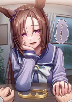 1boy 1girl animal_ears bow breasts brown_hair curtains dot_nose ear_ornament elbows_on_table female_focus flower-shaped_pupils flower_in_eye gold_hairband hairband hand_on_own_cheek hand_on_own_chin hand_on_own_face head_rest holding_hands horse_ears horse_girl indoors japanese_text large_breasts long_hair long_sleeves looking_at_viewer lower_teeth_only nervous_sweating ooeyama open_mouth pink_eyes pov pov_hands purple_sailor_collar purple_serafuku rain sailor_collar sakura_bakushin_o_(umamusume) school_uniform serafuku sitting speech_bubble sweat sweater symbol-shaped_pupils symbol_in_eye table teeth tracen_school_uniform translation_request umamusume unworn_hairband white_bow window