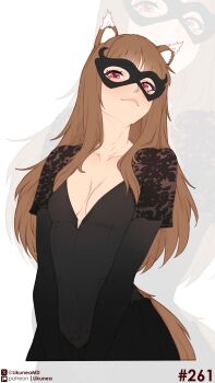 Rule 34 | 1girl, absurdres, alternate costume, animal ear fluff, animal ears, black dress, black mask, breasts, brown hair, closed mouth, collarbone, commentary, dress, english commentary, eye mask, highres, holo, layered sleeves, likunea, long hair, long sleeves, looking at viewer, mask, medium breasts, patreon logo, patreon username, red eyes, short over long sleeves, short sleeves, solo focus, spice and wolf, tail, twitter username, twitter x logo, v arms, wolf ears, wolf girl, wolf tail, zoom layer
