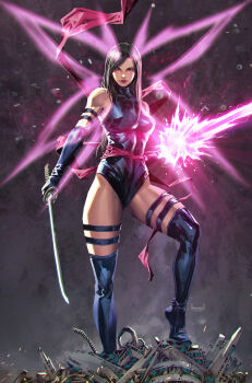 1girl black_boots black_gloves black_hair black_leotard boots debris elbow_gloves energy_beam gloves highres holding holding_sword holding_weapon kael_ngu katana leotard long_hair looking_at_viewer marvel mutant psylocke signature solo standing superhero_costume sword thigh_boots weapon x-men