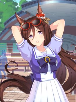 1girl absurdres animal_ears arms_behind_head artist_request back_bow bare_arms bench blue_bow blue_bowtie blue_shirt blue_sky bow bowtie breasts brooch brown_hair cloud collarbone cowboy_shot day dot_nose ear_ornament expressionless eyelashes eyes_visible_through_hair eyewear_on_head game_cg hair_between_eyes hair_bobbles hair_ornament high-waist_skirt highres horse_ears horse_girl horse_tail horseshoe_ornament jewelry large_breasts light_blush long_hair mole mole_under_eye official_art outdoors parted_lips pink_lips pleated_skirt puffy_short_sleeves puffy_sleeves purple_eyes red-framed_eyewear sailor_collar school_uniform seeking_the_pearl_(umamusume) shirt short_sleeves skirt sky solo stage standing sunglasses tail teeth thick_lips tile_floor tiles tracen_school_uniform tree tsurime two-tone_shirt umamusume very_long_hair white_sailor_collar white_shirt white_skirt