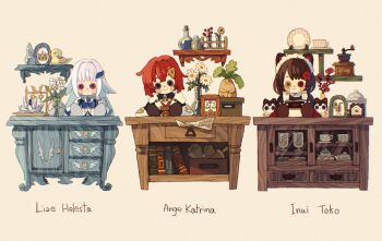 :3 ange_katrina ange_katrina_(1st_costume) animal_ears banken_(inui_toko) black_coat black_sash blue_eyes blue_neckerchief blush_stickers book bottle box brown_background brown_hair brown_kimono button_eyes buttons character_doll character_name chest_of_drawers chibi closed_mouth coat coffee_grinder commentary_request crossed_bangs cup cupboard desk dog_ears doll drinking_glass flask flower hair_flower hair_ornament heterochromia highres inui_toko inui_toko_(1st_costume) jacket japanese_clothes kimono lize_helesta lize_helesta_(1st_costume) long_hair maid_headdress mandragora mandragora_(ange_katrina) medium_hair neckerchief nijisanji no_humans obi on_desk picture_frame plate purple_eyes red_eyes red_flower red_hair round-bottom_flask sash sebastian_piyodore shelf simple_background sitting smile teacup test_tube test_tube_rack tofumaabo very_long_hair virtual_youtuber white_flower white_hair white_headdress white_jacket yellow_eyes yellow_flower
