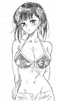1girl arm_behind_back bikini blush breasts commentary_request hair_ornament highres hip_bones ikuhashi_muiko large_breasts machida_reina monochrome navel nue_no_onmyouji parted_lips short_hair shorts sketch solo sweat swimsuit