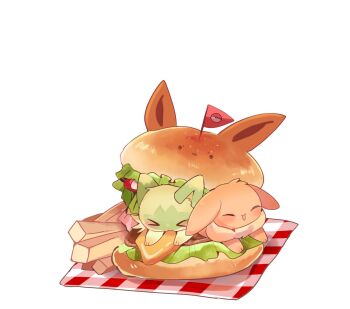 >_< animal_focus bacon burger cheese eevee food food_focus french_fries gen_1_pokemon highres in_food lettuce meat nintendo no_humans open_mouth poke_ball_symbol pokemon pokemon_(creature) simple_background sprigatito tomato white_background yupo_0322
