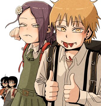 Rule 34 | 1boy, 3girls, absurdres, aged down, backpack, bag, biting own lip, black hair, blonde hair, chainsaw man, clenched hand, commentary request, crossover, denji (chainsaw man), double thumbs up, dress, flower, flower in mouth, fujino (look back), gerbera, green dress, hair between eyes, hair flower, hair ornament, hansoom (latebirdwakeup), highres, incoming attack, incoming punch, kyomoto (look back), long hair between eyes, look back, looking at another, looking at viewer, multiple girls, parted bangs, pinafore dress, punching, purple hair, randoseru, red flower, reze (chainsaw man), shirt, simple background, sleeveless, sleeveless dress, smile, teeth, thumbs up, white background, white shirt