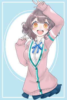 Rule 34 | 1girl, :d, arms up, blue background, blue ribbon, blush, breasts, brown hair, highres, long sleeves, medium hair, open mouth, pink sweater, ribbon, shirt, skirt, sleeves past wrists, small breasts, smile, solo, sweater, tsurara6119, white shirt, yellow eyes