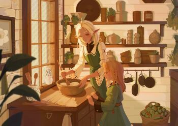 2girls absurdres basket bowl brown_hair child coffee_pot commentary cup cutlery dress elf english_commentary frying_pan green_dress highres indoors jar kitchen long_sleeves looking_at_viewer lucy_greyrat medium_hair mixing_bowl mother_and_daughter multiple_girls mushoku_tensei plant plate pointy_ears potted_plant red_eyes shelf short_bangs smile stirring sylphiette_(mushoku_tensei) teapot tinivast white_hair wide_sleeves window