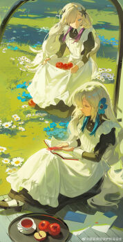 2girls absurdres alternate_costume apple apple_slice apron black_dress black_flower blonde_hair blue_eyes blue_flower blue_hair bookmark buttons cevio chinese_commentary collared_dress commentary_request cup daisy_(flower) day dress enmaided envelope field flower flower_field food frilled_apron frills fruit full_body grass grey_eyes hair_flower hair_ornament hair_over_one_eye hair_spread_out half-closed_eyes highres isekaijoucho juliet_sleeves kamitsubaki_studio long_dress long_hair long_sleeves looking_at_viewer maid multicolored_hair multiple_girls nyansky outdoors paper_stack puffy_sleeves purple_hair reading saucer sekai_(cevio) shadow sidelocks sitting skirt_basket streaked_hair tea teacup tray veranda very_long_hair watermark wavy_hair weibo_watermark white_apron white_flower wooden_floor