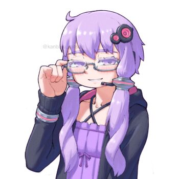 1girl adjusting_eyewear bespectacled black_jacket commentary_request criss-cross_halter dress glasses hair_ornament halterneck hand_up highres jacket kanbaru_mitsuki long_hair long_sleeves looking_at_viewer open_clothes open_jacket purple_dress purple_eyes purple_hair simple_background smile solo upper_body vocaloid voiceroid watermark white_background yuzuki_yukari