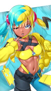 1girl bandeau belt black_belt blue_eyes blunt_bangs breasts canari_(pokemon) cleavage collarbone commentary cowboy_shot cropped_jacket eyelashes gen_4_pokemon hand_on_own_hip hand_up highres jacket long_sleeves mask mask_pull mouth_mask multicolored_hair navel nintendo one_eye_closed open_clothes open_jacket pants pokemon pokemon_legends:_z-a rotom rotom_phone short_twintails skylock sleeves_past_wrists teeth twintails yellow_bandeau yellow_jacket zipper_pull_tab