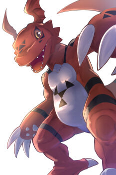 claws digimon digimon_(creature) guilmon head_wings highres looking_at_viewer no_humans open_mouth rumine_(yoshi1234567) sharp_teeth simple_background solo teeth white_background wings
