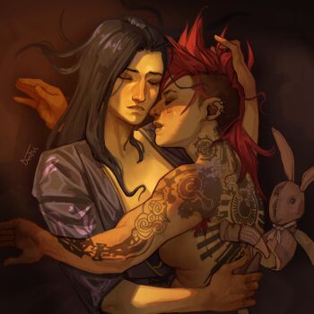 2girls absurdres arcane:_league_of_legends arcane_caitlyn arcane_vi arm_tattoo asymmetrical_hair back_tattoo bassfish black_hair breasts caitlyn_(league_of_legends) clothed_female_nude_female cuddling eyebrow_cut face_piercing facial_tattoo highres league_of_legends multiple_girls neck_tattoo nose_piercing nude parted_lips piercing red_hair sideboob sidecut sleeping tattoo undercut vi_(league_of_legends) yuri