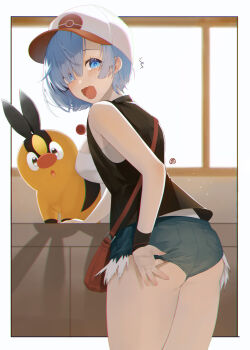 1girl absurdres adjusting_clothes ass bag bare_shoulders baseball_cap blue_eyes blue_hair blue_shorts breasts commission cosplay denim denim_shorts eyes_visible_through_hair from_behind gen_5_pokemon hair_over_one_eye hat highres hilda_(pokemon) hilda_(pokemon)_(cosplay) k_hottok large_breasts looking_at_viewer looking_back medium_breasts nintendo open_mouth pixiv_commission pokemon pokemon_(creature) pokemon_black_and_white re:zero_kara_hajimeru_isekai_seikatsu rem_(re:zero) shirt short_hair short_shorts shorts shoulder_bag sleeveless sleeveless_shirt smile standing tepig thighs vest white_shirt wristband
