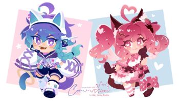 2girls :3 :d ahoge animal_ear_fluff animal_ear_headphones animal_ears black_shorts blue_hair blush braid brown_gloves cat_ear_headphones cat_ears cat_girl cat_tail closed_mouth commentary commission cross-laced_clothes cross-laced_sleeves fake_animal_ears fangs full_body gloves gradient_hair headphones heart heart-shaped_pupils heart_ahoge long_hair long_sleeves looking_at_viewer multicolored_hair multiple_girls no_lineart open_mouth original pink_eyes pink_hair pink_skirt pink_thighhighs projecttiger purple_eyes purple_hair shirt shoes shorts signature single_braid skirt sleeves_past_fingers sleeves_past_wrists smile socks standing star-shaped_pupils star_(symbol) striped_clothes striped_thighhighs symbol-only_commentary symbol-shaped_pupils tail thighhighs twintails white_shirt white_shoes white_socks